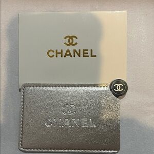 CHANEL Silver Metallic Card Holder with Gold Logo Card